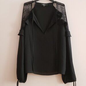 Black Sheer Shoulder Lace Long Sleeve Shirt [Lulu’s] [Size M]